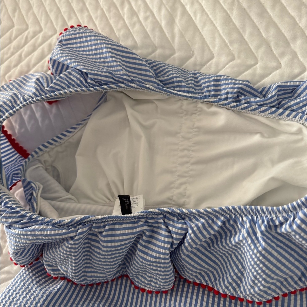 J. Crew One Shoulder Ruffle Swimsuit Seersucker Pom Trim Blue White Red - Picture 3 of 12